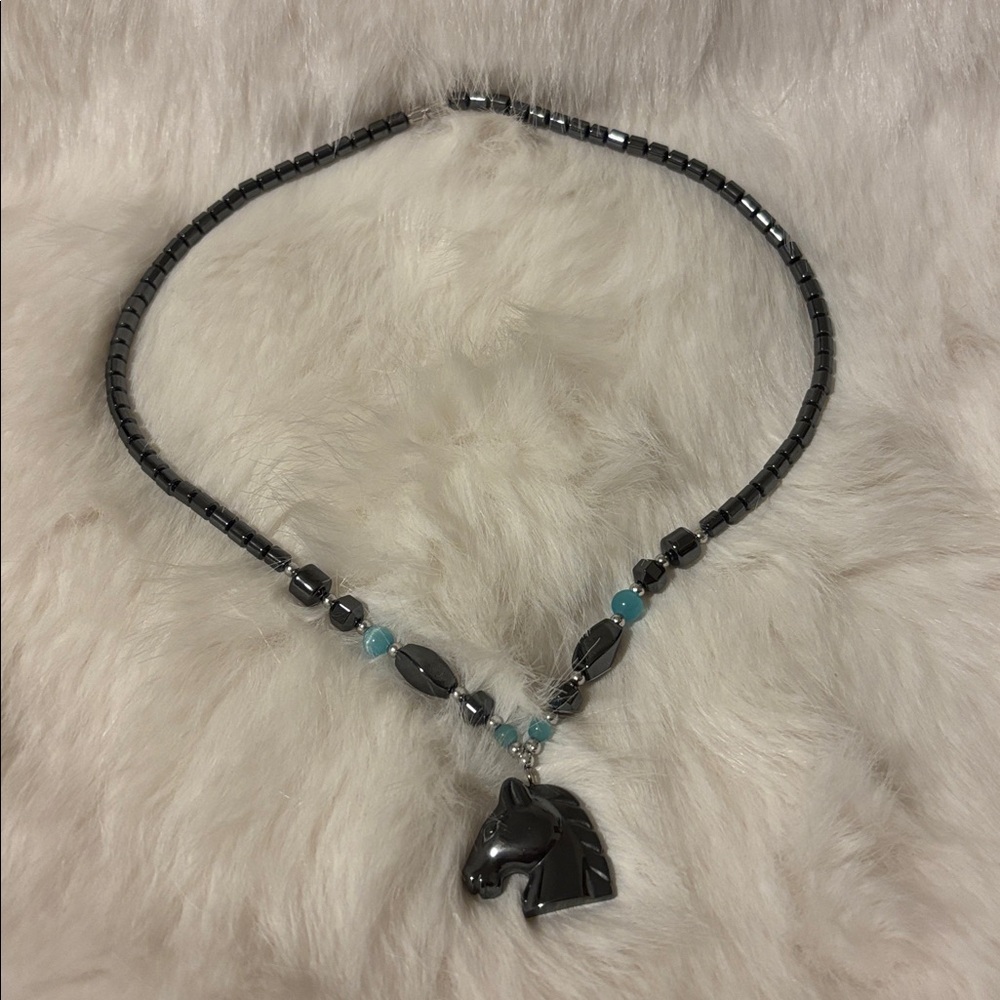 Black Horse Pendant Beaded Necklace